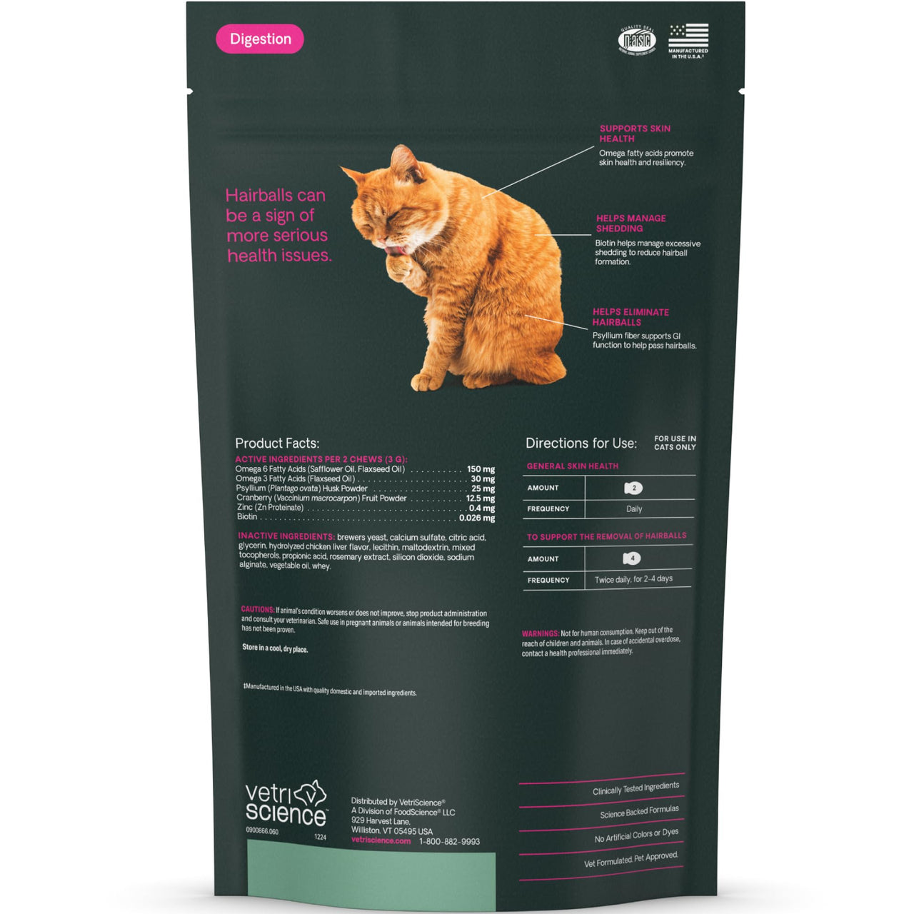 VetriScience Hairball Control Chews for Cats, Omega-3 and Fiber Supplement, Support Digestion and Skin and Coat, Tasty Small Bites, Chicken, 60 Count