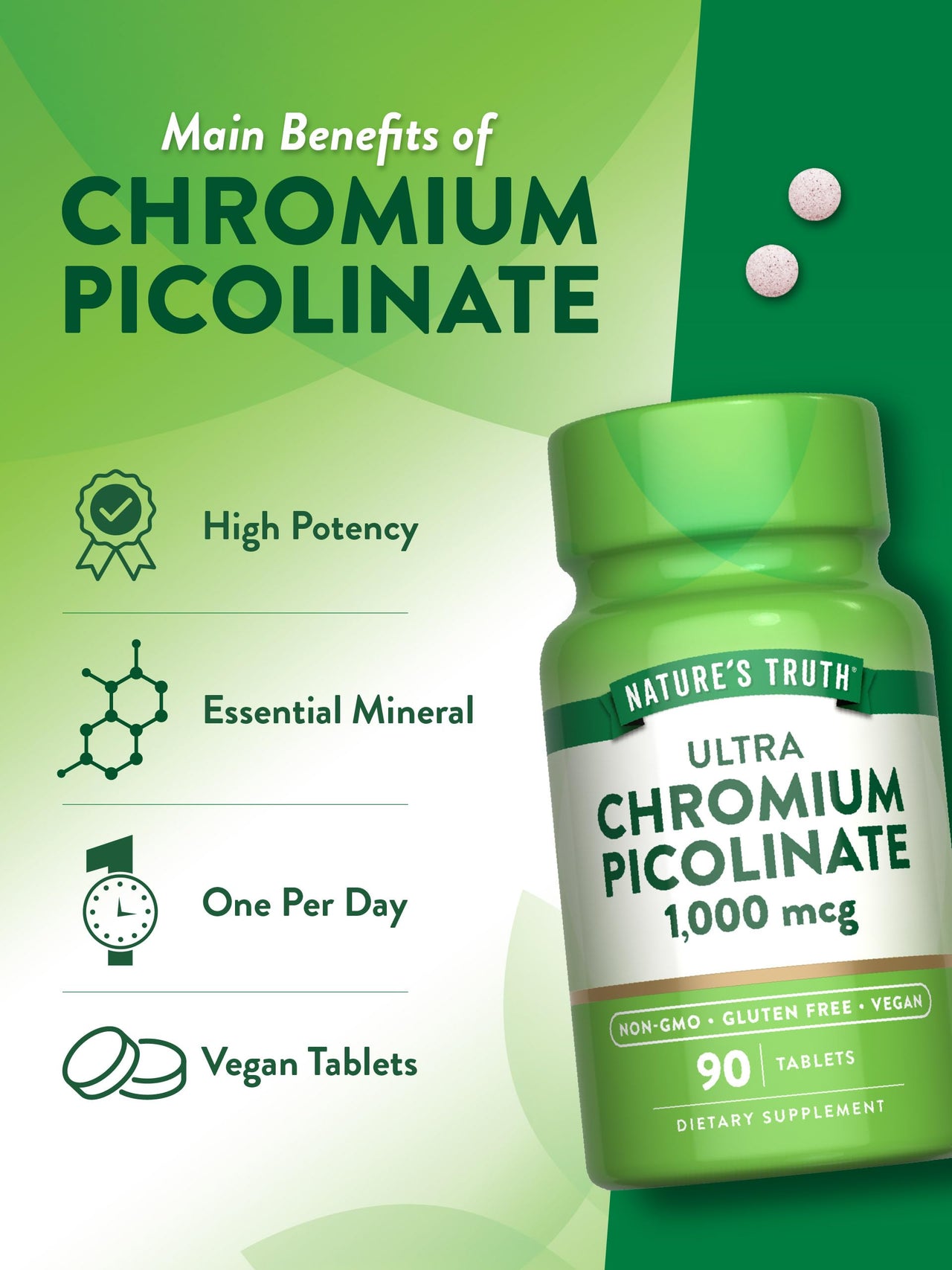 Nature's Truth Ultra Chromium Picolinate 1000mcg | 90 Tablets | Vegan, Non-GMO & Gluten Free Supplement