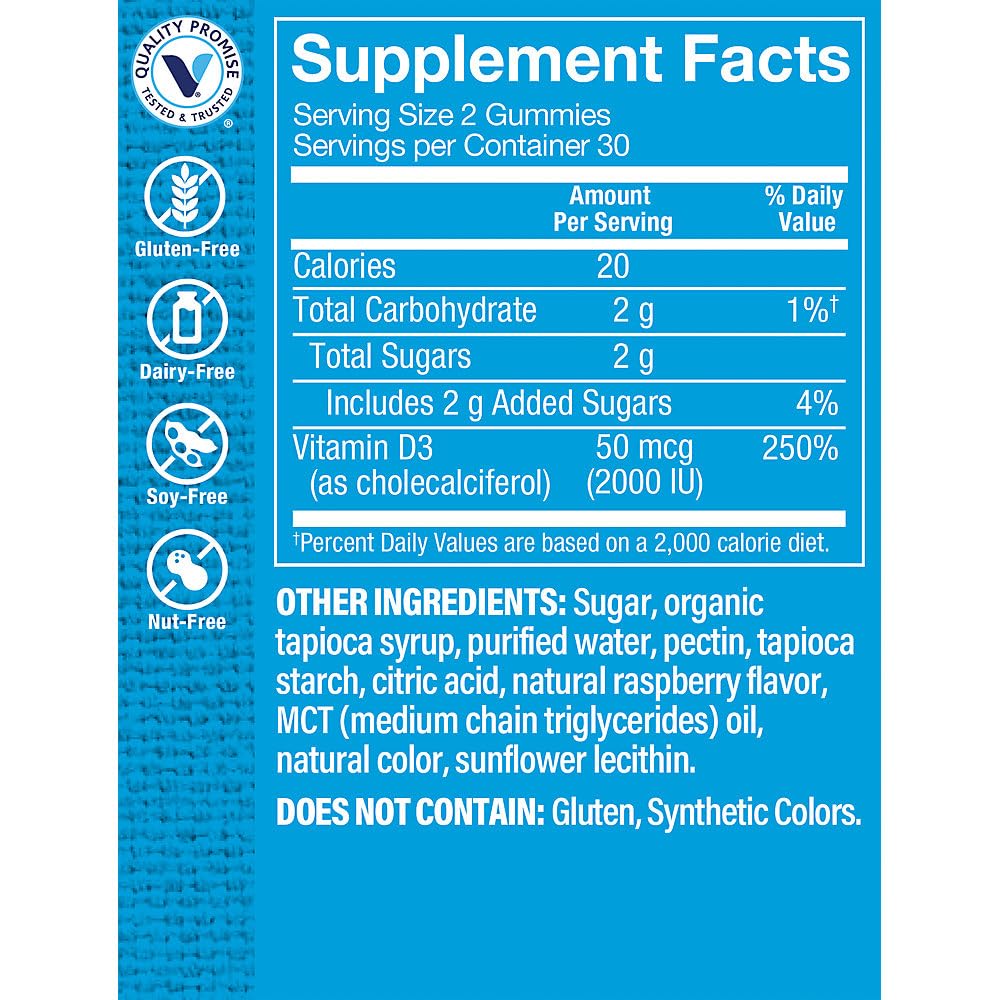 Vitamin D3 Gummies a" Supports Immune & Bone Health a" 2,000 IU - Raspberry (60 Gummies)