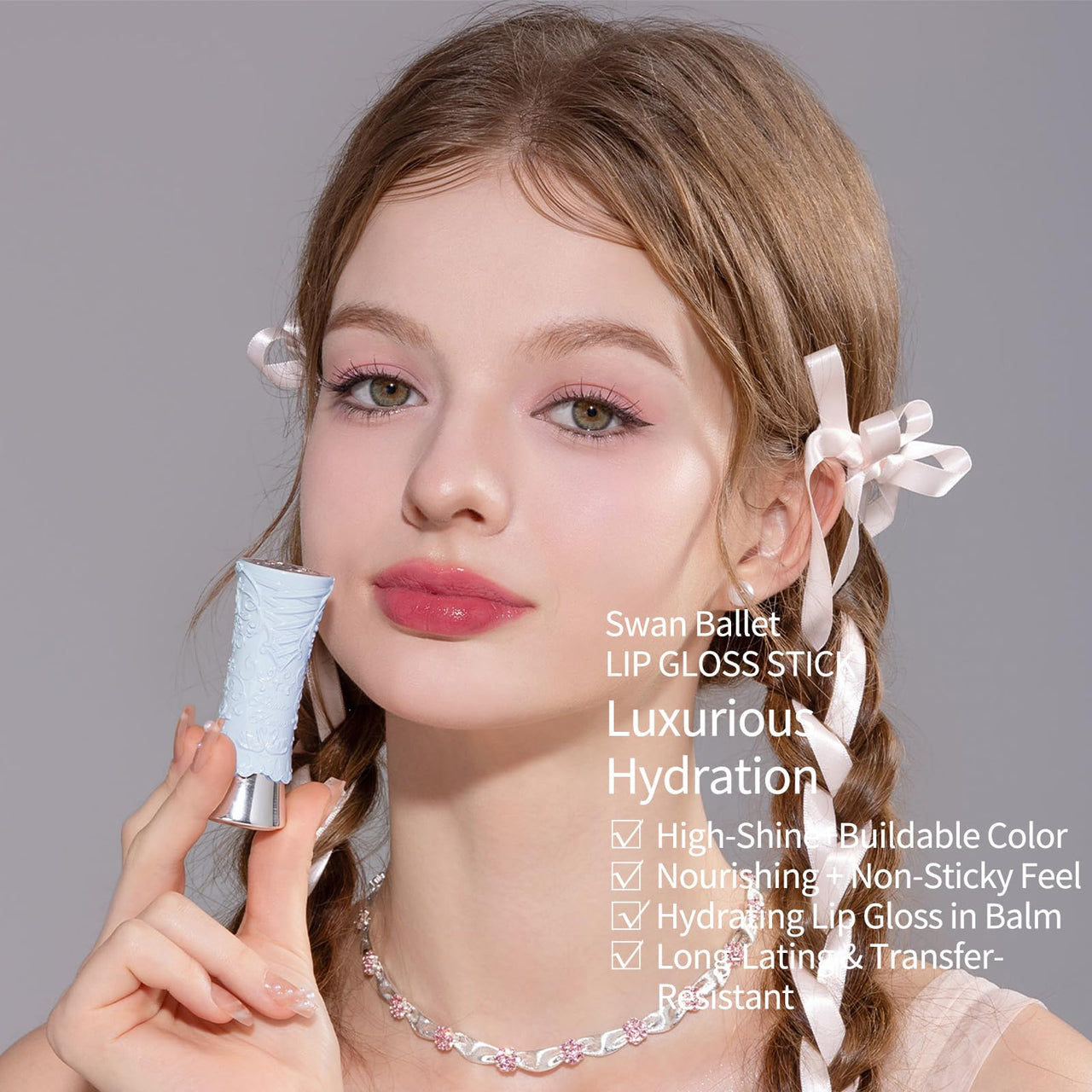 Flower Knows Swan Ballet Shine Solid Lip Gloss Stick-Moisturizing Tinted Lip Balm-Hydrating Lip Gloss in Balm-Long Lasting Lip Makeup for Girls&Women,Vegan & Cruelty-Free(B06 Blue Ribbon)