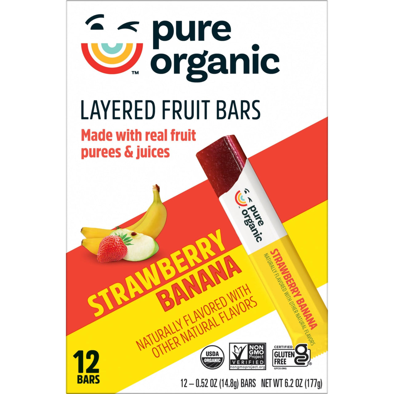 Pure Organic, Layered Fruit Bars, Strawberry Banana, Gluten Free and Vegan Fruit Snacks, 6.2oz Box (12 Count)