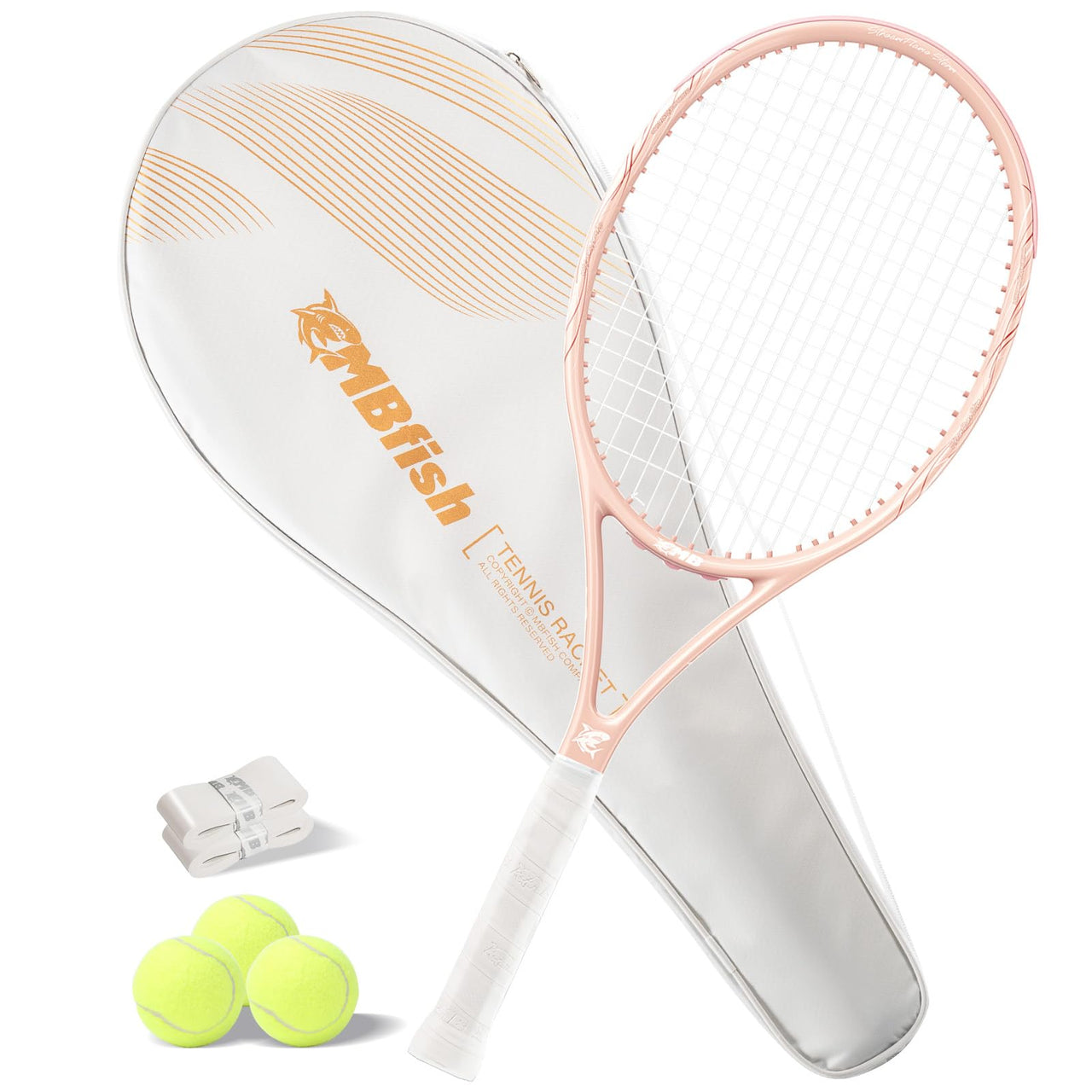 MBFISH Tennis Racket - Super Value Set with Pre-Strung, Comfortable Handle, 27'' Tennis Racquet for Adults, Includes 3 Tennis Balls, 2 Overgrips and 1 Tennis Bag Coral Pink