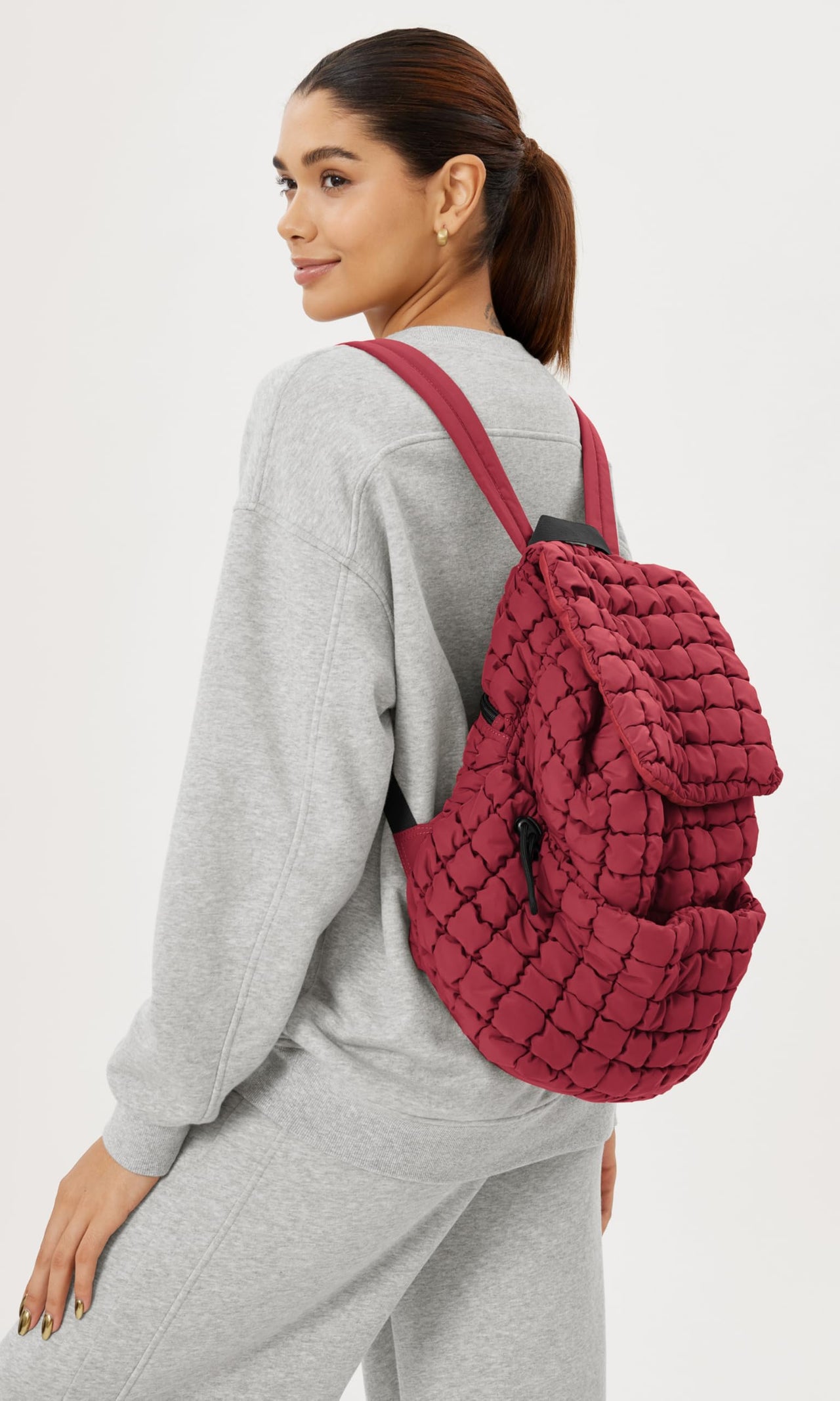ODODOS Quilted Backpack 2.0 for Women Lightweight Puffer Hiker Pack Drawstring Padding Travel Gym Bag, True Red