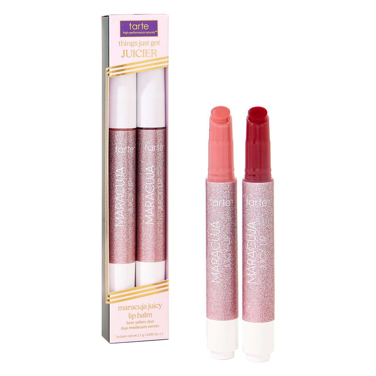 tarte maracuja juicy lip balm bestsellers duo – Hydrating & Nourishing Lip Gloss Balm with Vitamin E, Vegan & Cruelty-Free, full size, rose & passion fruit
