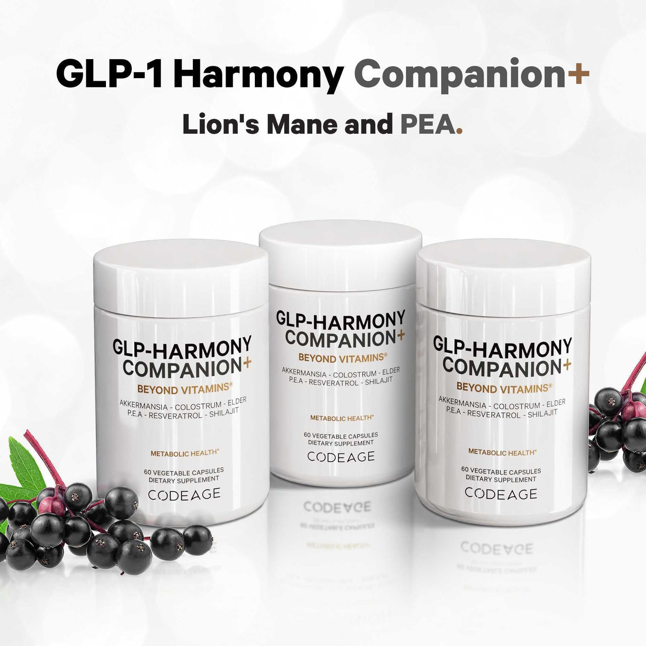 Codeage GLP-Harmony Companion+ Supplement - GLP-1 Agonist Support - Lion's Mane, Pea, Colostrum, Shilajit, Akkermansia, Elder, Citrus Bioflavonoids, Broccoli, Resveratrol - Non-GMO - 60 Capsules
