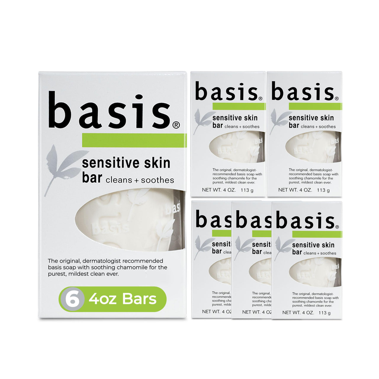 Basis Sensitive Skin Bar Soap for Body, Hands and Face, Unscented Soap Bar for Sensitive Skin with Chamomile and Aloe Vera, Bar Soap Bulk Pack, 4 Oz Bar, Pack of 6