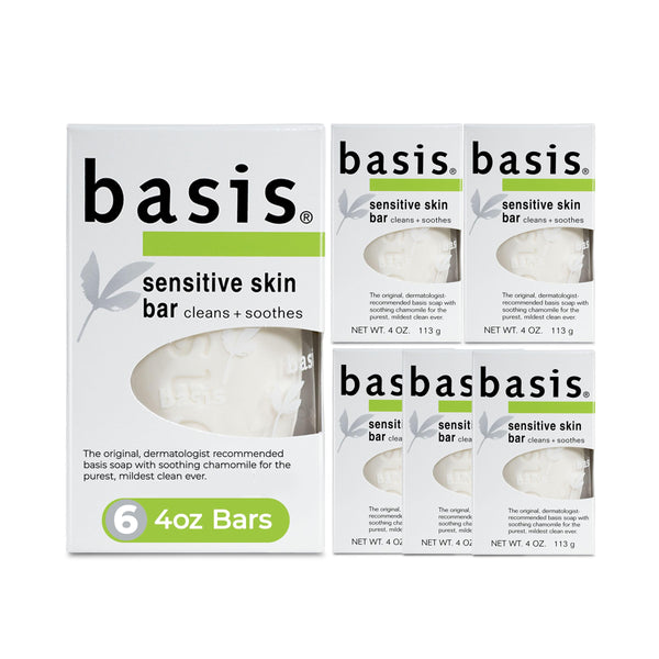Basis Sensitive Skin Bar Soap for Body, Hands and Face, Unscented Soap Bar for Sensitive Skin with Chamomile and Aloe Vera, Bar Soap Bulk Pack, 4 Oz Bar, Pack of 6