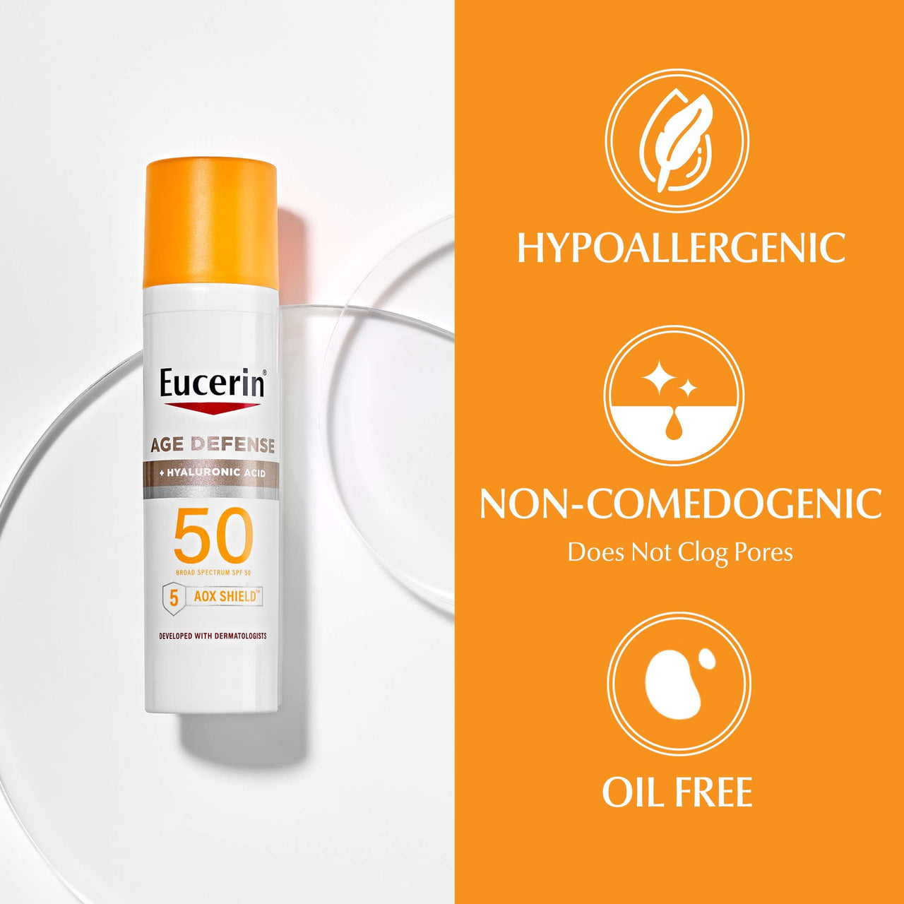 Eucerin Sun Advanced Hydration SPF 50 Sunscreen Lotion (5 Fl Oz) + Age Defense Face Sunscreen Lotion SPF 50 (2.5 Fl Oz), Hypoallergenic and Lightweight Sun Protection with Hyaluronic Acid