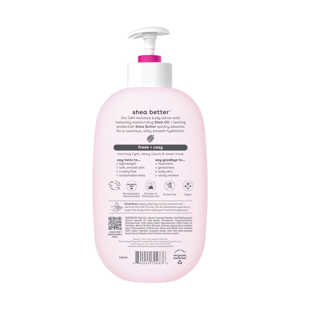 eos Shea Better Body Lotion, Fresh & Cozy, 24-Hour Moisture Skin Care, Lightweight & Non-Greasy, Natural Shea, Vegan, 16 fl oz