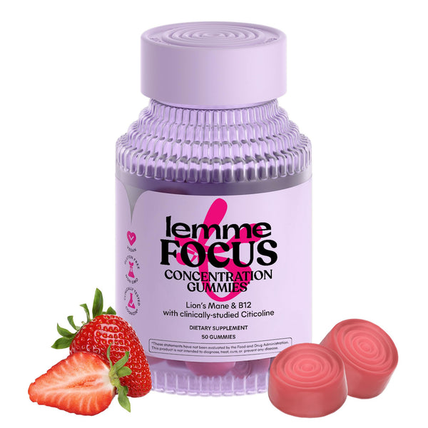 Lemme Focus Concentration & Brain Health Gummies with Cognizin Citicoline, Lion's Mane Mushroom, Vitamin B12 to Support Focus + Concentration - Gluten Free, Caffeine Free, Strawberry (50 Count)