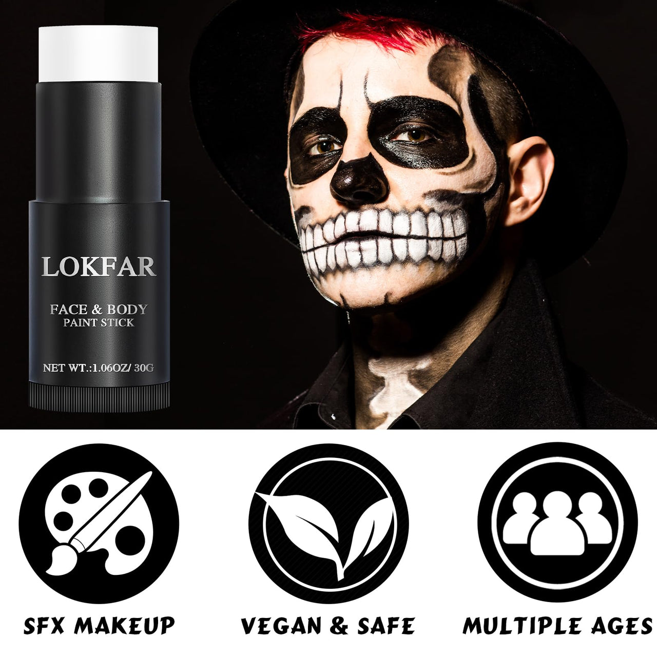 LOKFAR White Face Body Paint Stick, Eye Black Stick for Sports, Waterproof Full-Coverage White Foundation Face Makeup for Halloween Zombie Clown Vampire Skeleton Skull Joker Goth Cosplay Makeup