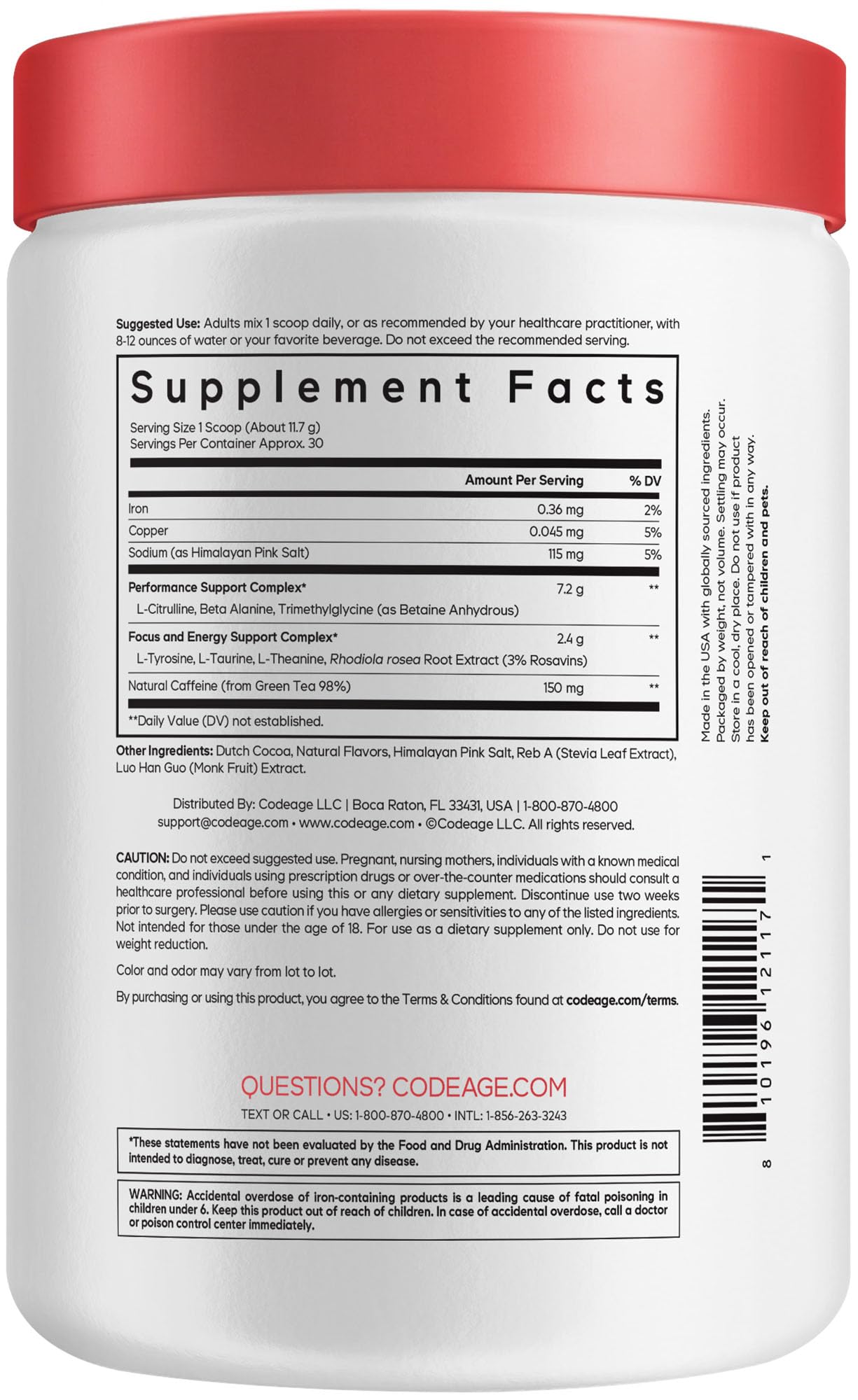 Codeage Pre-Workout Energy Elite Max - Chocolate Brownie Batter Flavor - L-Citrulline, Betaine, Beta-Alanine, Rhodiola Rosea, L-Tyrosine, Taurine - Workout Energy Powder Supplement - 12.45 oz
