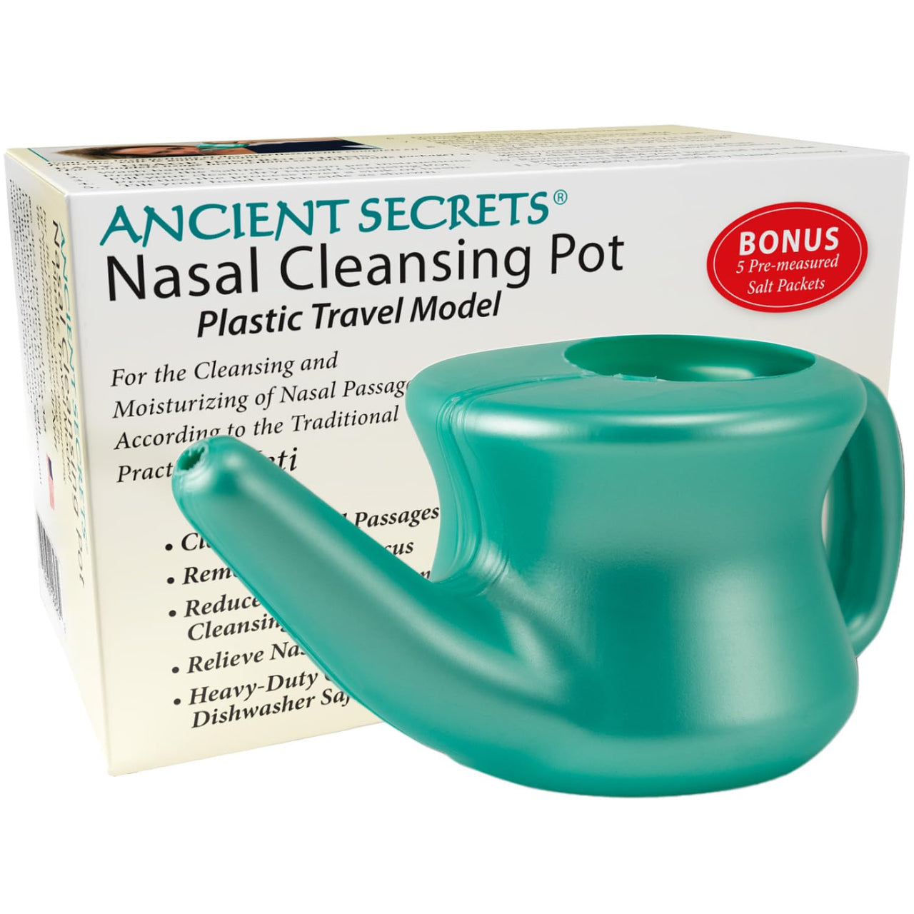 Ancient Secrets Neti Pot Sinus Rinse - Nasal Cleansing Pot, Plastic Travel Model, Nasal Irrigation, BPA-Free Neti Potâ€¯+ 6 Pre-Measured Packs of Nasal Cleansing Salt