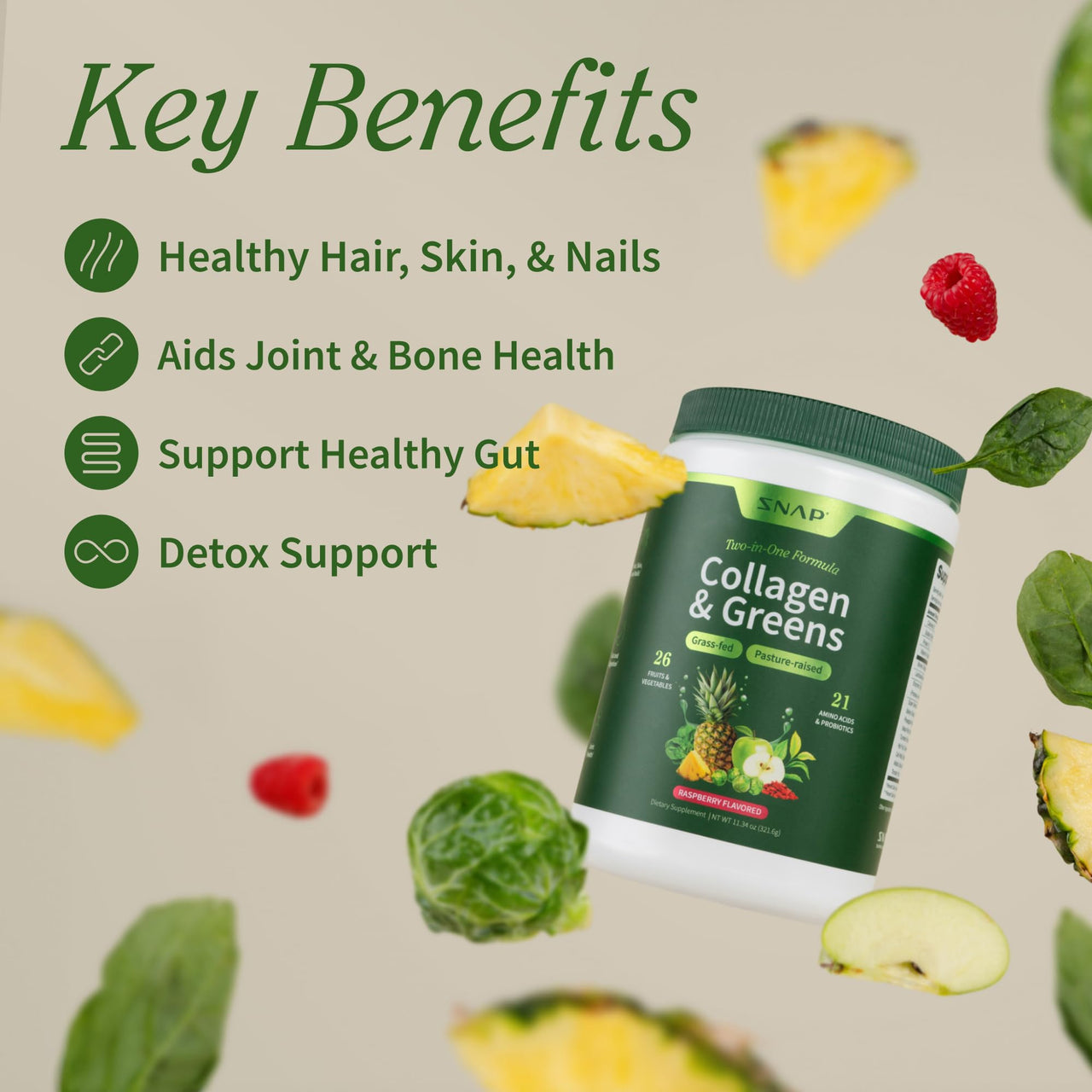 Snap Supplements Super Greens Powder with Collagen Peptides, 26 Fruits and Vegetables, Grass Fed, Non-GMO Daily Greens for Hair, Skin, Nails & Joint Support, 11.34 oz, (30 Servings, 1 Month Supply)