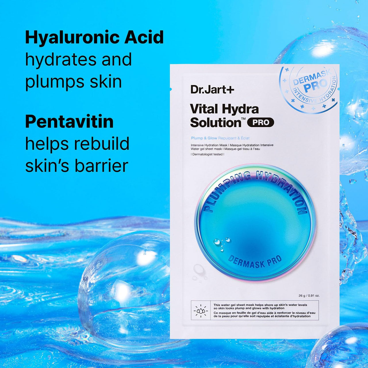 Dr.Jart+ Dermask Vital Hydra Solution Glow Korean Face Mask with Hyaluronic Acid for Glass Skin | Sheet Mask | Korean Skin Care | Travel Size, 1 Pack