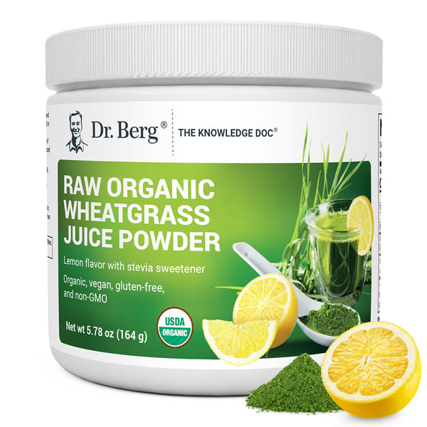 Dr. Berg USDA Certified Organic Green Powder Superfood (60 Servings) - Made with Raw Wheatgrass, Chlorophyll, Trace Minerals & Natural Enzymes - Non-GMO Green Superfood Powder - Lemon Flavor