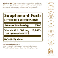 Thumbnail for Vitamin B-12 500mcg Solgar 100 Caps