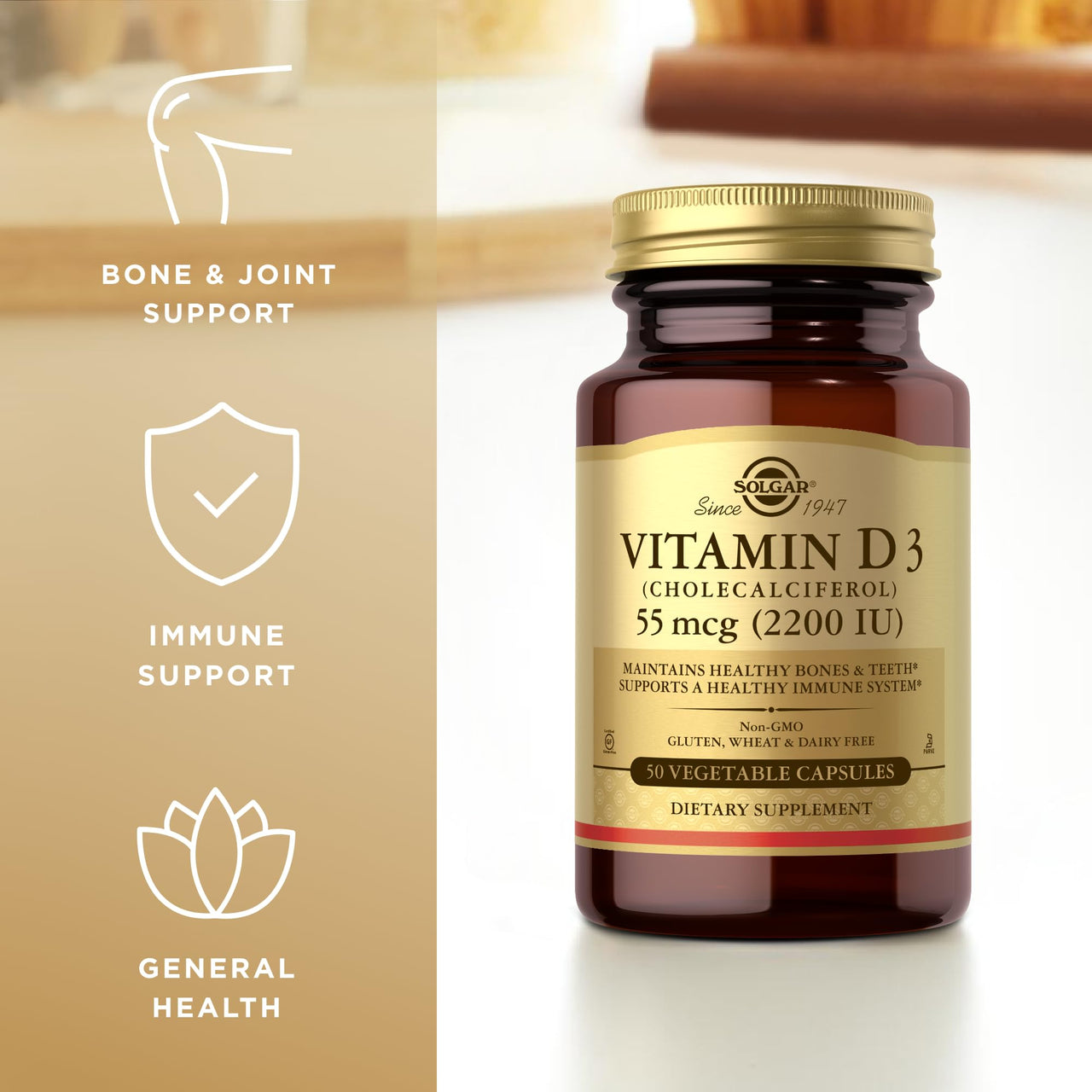 Solgar Vitamin D3 (Cholecalciferol) 55 mcg (2200 IU), 50 Vegetable Capsules - Helps Maintain Healthy Bones & Teeth - Immune System Support - Non-GMO, Gluten Free, Dairy Free, Kosher - 50 Servings