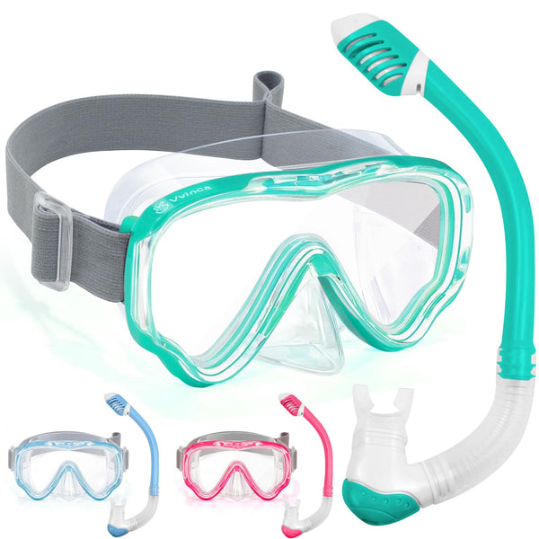 Vvinca Snorkel Set for Kids 3-14, Dry Top Snorkeling Gear for Boys Girls Youth, Panoramic View Swim Goggles with Nose Cover & Anti-Fog Lens, Junior Scuba Diving Mask with Adjustable Soft Fabric Strap