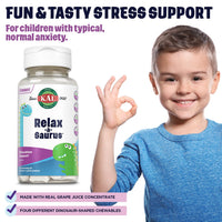 Thumbnail for KAL Relax-a-Saurus, Stress Support Supplement for Kids, L-Theanine for Children with Herbal Stress Relief & Relaxation & Blend, Delicious Natural Grape Flavor, 60-Day Guarantee, 30 Chewables