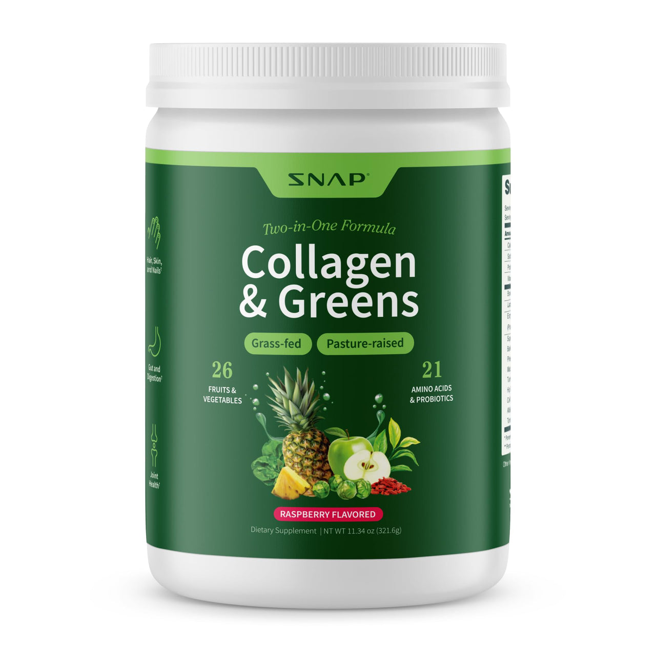 Snap Supplements Super Greens Powder with Collagen Peptides, 26 Fruits and Vegetables, Grass Fed, Non-GMO Daily Greens for Hair, Skin, Nails & Joint Support, 11.34 oz, (30 Servings, 1 Month Supply)
