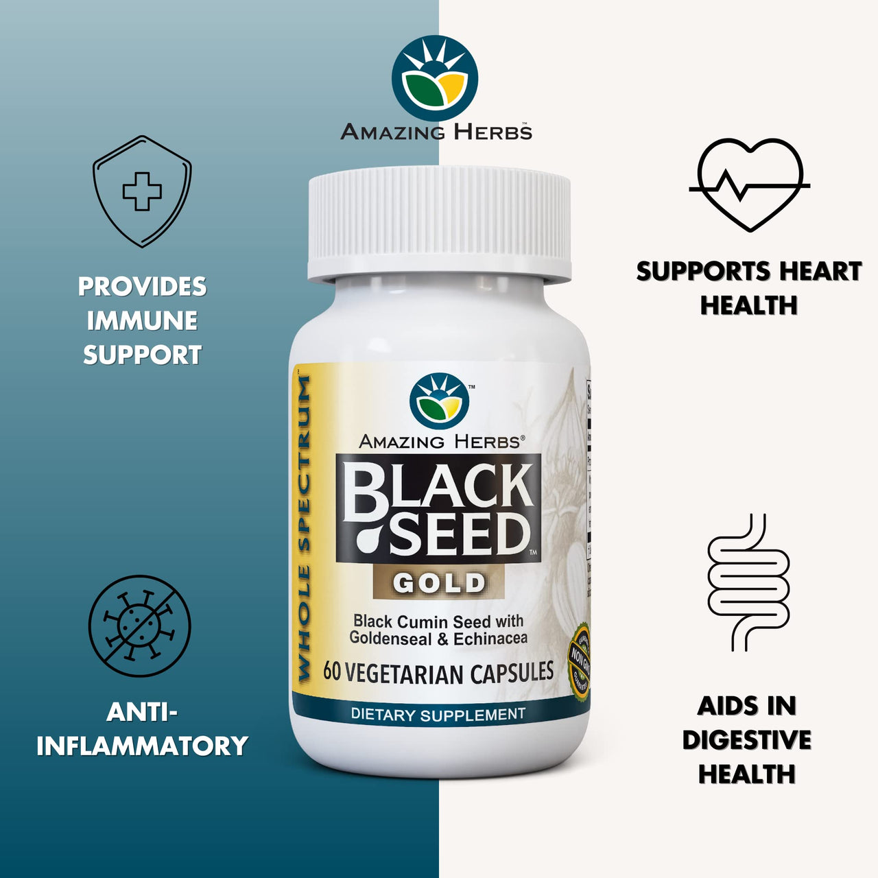 Amazing Herbs Whole Spectrum Black Seed Gold - Black Cumin Seed with Goldenseal & Echinacea, Gluten-Free & Non-GMO, Immune Support, Promotes Health & Wellness - 60 Count