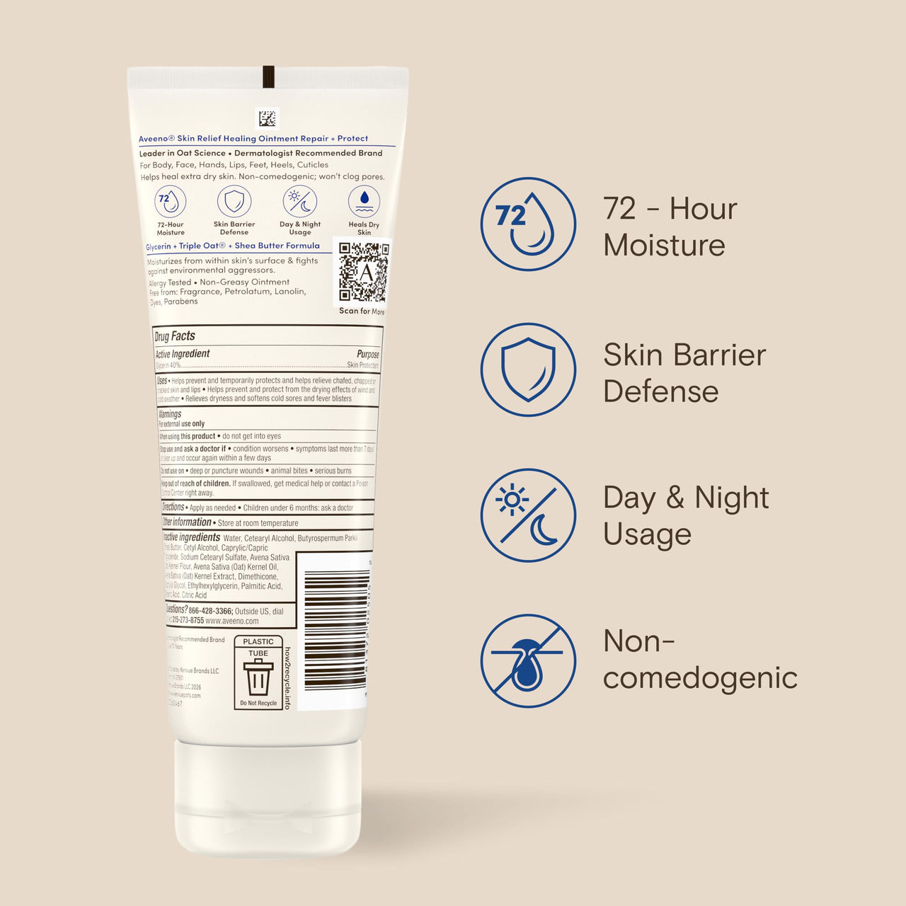 Aveeno Skin Relief Healing Ointment, for Extra Dry, Cracked & Sensitive Skin, 72-Hour Protectant with Triple Oat, Shea Butter & Glycerin, Fragrance-Free for Body, Face, Hands, Lips 7.2 oz