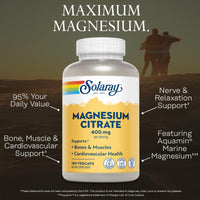 Thumbnail for SOLARAY Magnesium Citrate 400mg - Magnesium Supplement - Bone Health, Muscle, Relaxation and Heart Health Support - Vegan, Gluten Free - 60 Servings, 180 VegCaps