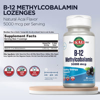 Thumbnail for KAL Vitamin B-12 Methylcobalamin Lozenges 5000mcg, Healthy Energy, Metabolism, Nerve & Red Blood Cell Support,* Optimal Absorption, Natural Acai Flavor, Vegan, Sugar Free, 60 Servings, 60 Lozenges