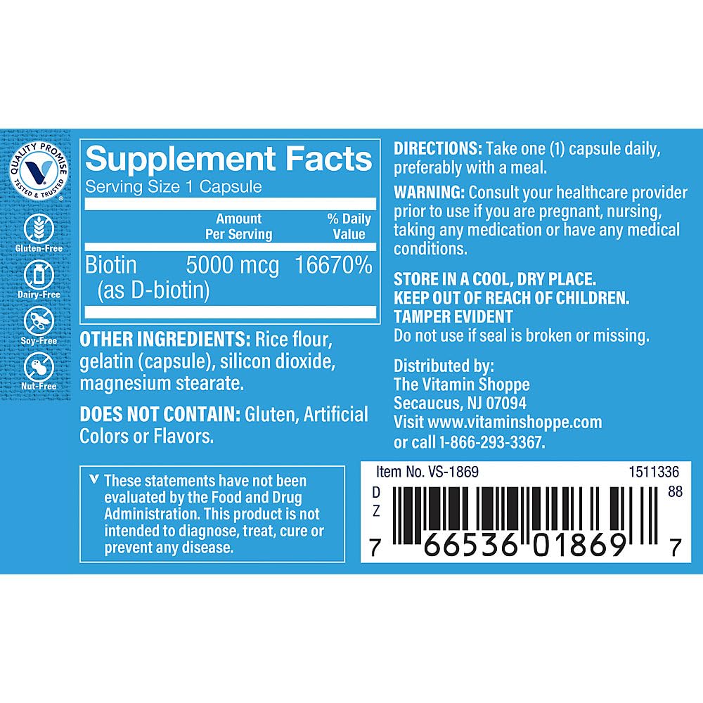 The Vitamin Shoppe Biotin 5,000MCG - Hair Growth, Skin Health & Nail Strength Support, High Potency B Vitamin (120 Capsules)