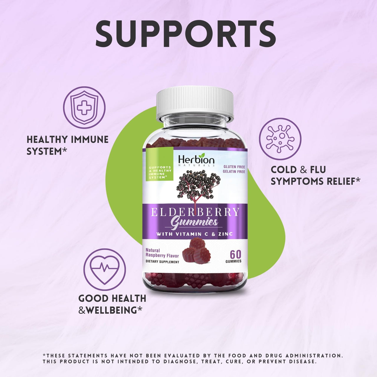 HERBION Elderberry Gummies with Vitamin C & Zinc - Healthy Immune System Support - Gluten-Free & Gelatin-Free - 60 Gummies for Adults & Children 4 Years & Above - Made in USA, 60 Count (Pack of 1)