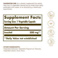 Thumbnail for Solgar Inositol 500 mg - 100 Vegetable Capsules - Supports Cellular Function & Brain Health - Vegan, Gluten Free, Dairy Free, Kosher - 100 Servings