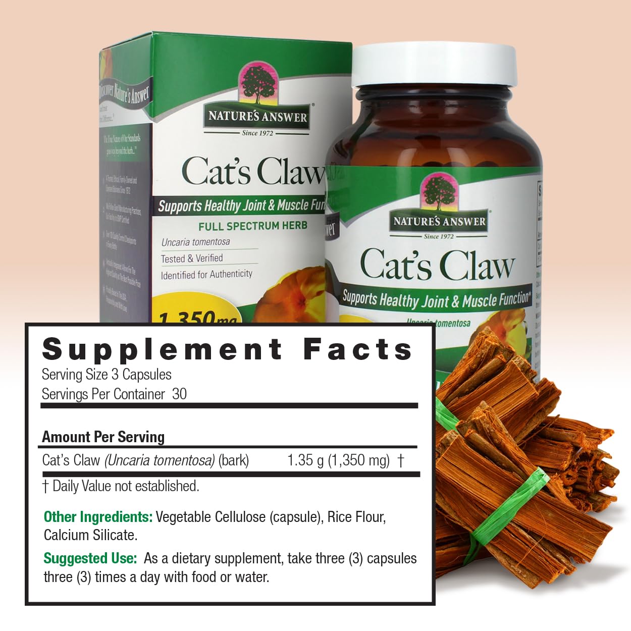 Nature's Answer Cat's Claw Inner Bark | Full Spectrum Herb | Supports Healthy Joint & Muscle Function | Gluten-Free, Vegan/Vegetarian & Kosher Certified | 90ct Capsules
