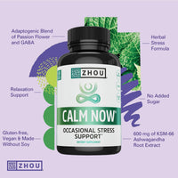 Thumbnail for Zhou Calm Now - Calm Supplement, Calm Vitamins for Women & Men, Pills to Relax for Adults with GABA & Ashwagandha, Stress & Focus Support - 60 Veggie Capsules