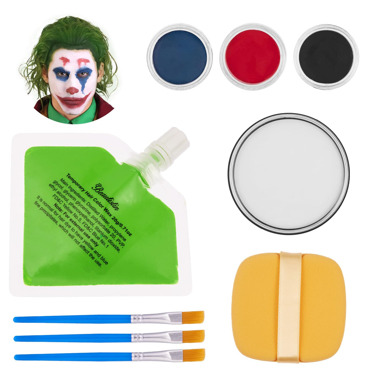 Halloween Joker Clown Makeup Kit - Joker Make Up Kit Includes White Red Black Blue Oil Based Face Body Paint and 20g Green Temporary Hair Color Wax, Powder Puff and 3 Blue Brushes, for Joker Cosplay