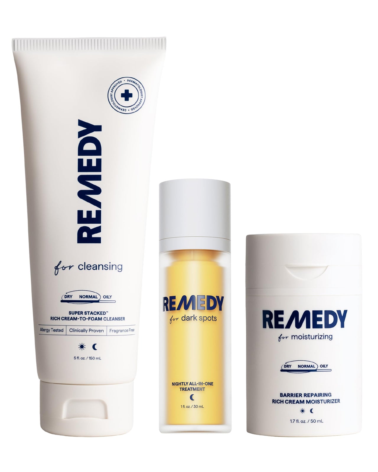 Remedy Hydration & Even Tone Set | 3-piece routine with Cream-to-Foam Cleanser, Rich Moisture Cream & Dark Spot Treatment Night Serum | Ceramides, Retinol & Kojic Acid - By Dermatologist Dr. Shah
