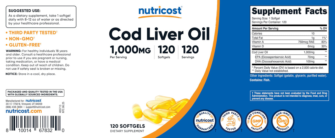 Nutricost Cod Liver Oil 1000mg, 120 Softgels - Non-GMO & Gluten Free
