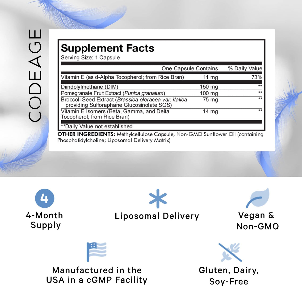 Codeage Liposomal DIM Supplement - 4 Months Supply of DIM Vitamins and SGS, Pomegranate, Broccoli, Vitamin E Isomers Tocopherols Alpha Beta Gamma Delta - Liposomal Formula - Gluten-Free - 120 Capsules