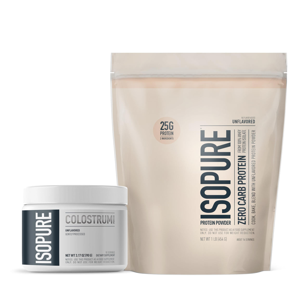 Bundle of Isopure Bovine Colostrum Supplement Powder 90 Servings + Isopure Unflavored Protein, Whey Isolate, 25g Protein, Zero Carb, 16 Servings, 1 Pound (Packaging May Vary)