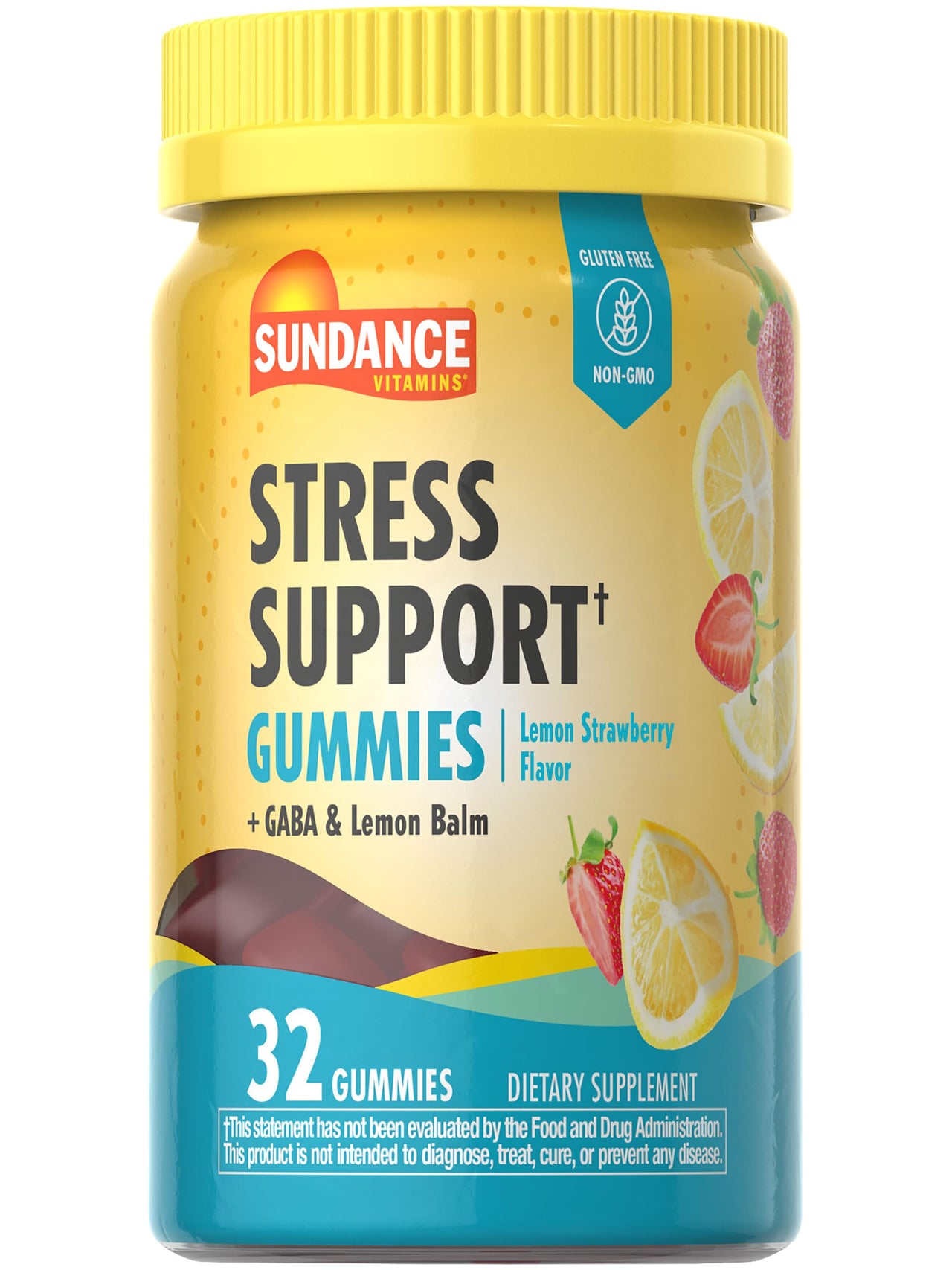 Sundance Stress Support Gummies | with GABA and Lemon Balm | Lemon Strawberry Flavor | 32 Count | Non-GMO & Gluten Free