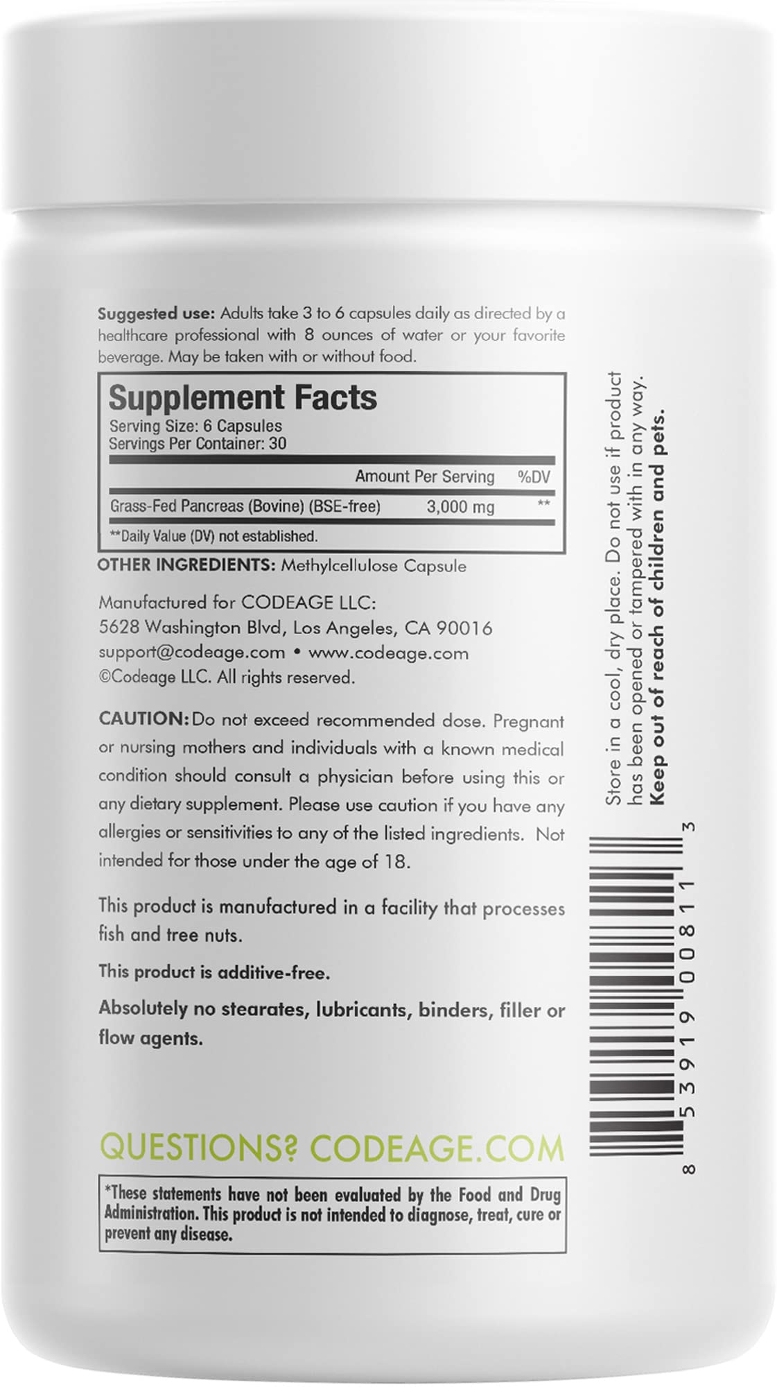 Codeage Grass Fed Beef Pancreas Supplement Glandulars - Freeze Dried, Non-Defatted Desiccated Beef Pancreas Pills – Pancreatic Enzymes Diet Meat - Pasture Raised Bovine Vitamins - 180 Capsules