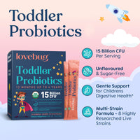Thumbnail for Lovebug Kids Probiotic Powder with Prebiotic Fiber - Toddler Immunity Support & Constipation Relief - USDA Organic Probiotics for Childrens Gut & Digestive Health (Ages 1-4) - 30 Pack (Unflavoured)