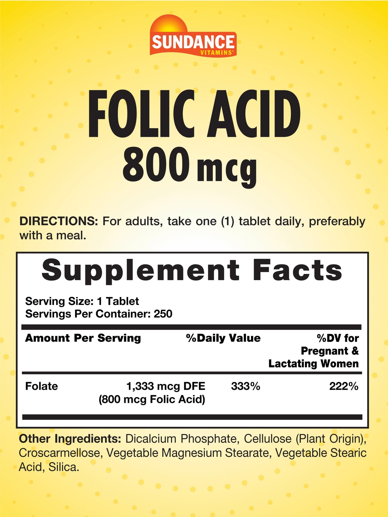 Sundance Folic Acid 800 mcg | 250 Vegetarian Tablets | Essential B-Vitamin | Vegetarian, Non-GMO, and Gluten Free Supplement