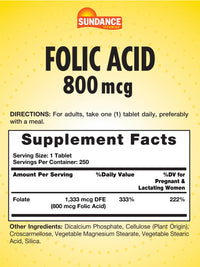 Thumbnail for Sundance Folic Acid 800 mcg | 250 Vegetarian Tablets | Essential B-Vitamin | Vegetarian, Non-GMO, and Gluten Free Supplement