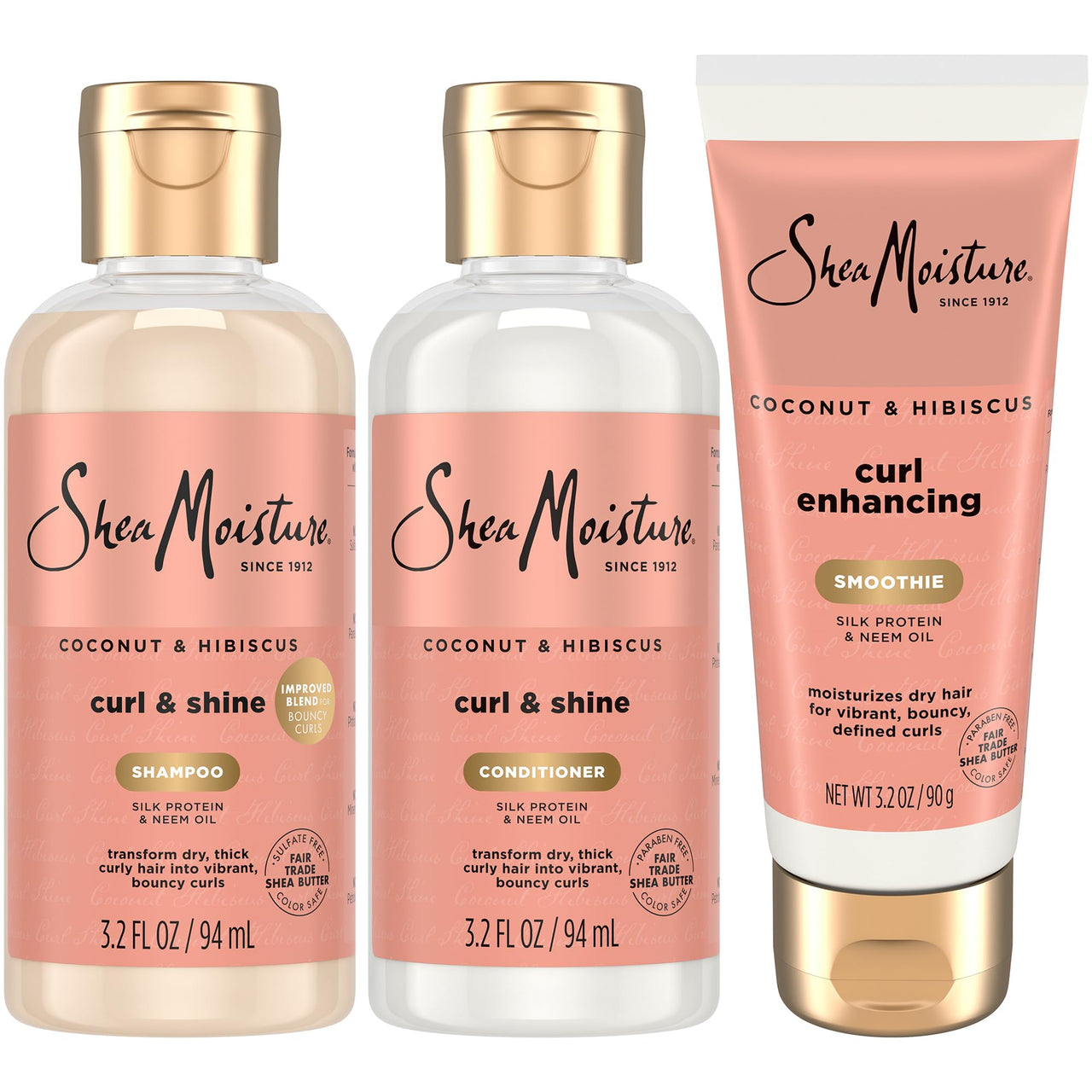 SheaMoisture Travel Essentials Hair Care Bundle, Coconut & Hibiscus Curl & Shine Shampoo & Conditioner + Curl Enhancing Smoothie for Bouncy Curls, Frizz Control, 3.2 Oz Ea