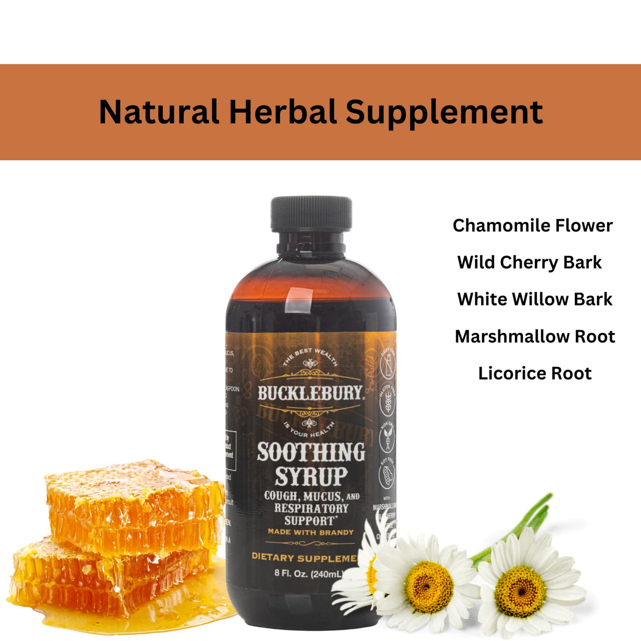 BUCKLEBURY Cough Syrup for Adults & Kids â€“ Premium Soothing Herbal Supplement with Wild Cherry Bark & Marshmallow Root â€“ Natural Cough Syrup for Sinus, Bronchi, Throat, and Respiratory Support â€“ 8 oz