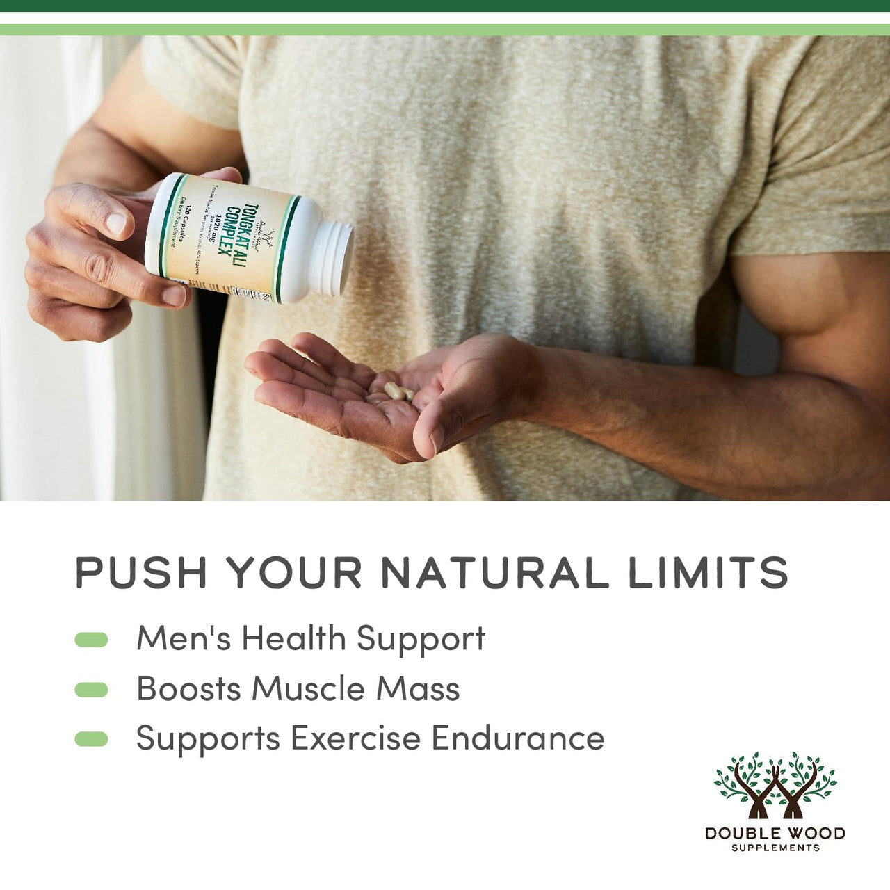 Tongkat Ali Extract 200 to 1 for Men (Longjack) Eurycoma Longifolia, 1020mg per Serving, 120 Capsules - Men's Health Support with 20mg Tribulus Terrestris (Third Party Tested) by Double Wood