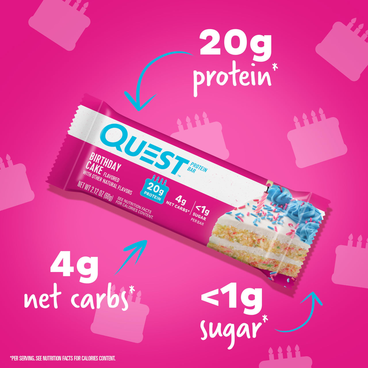 Quest Nutrition Birthday Cake Protein Bars, 20g Protein, 1g Sugar, 4g Net Carbs, Gluten Free, Keto Friendly, 12 Count