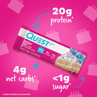 Thumbnail for Quest Nutrition Birthday Cake Protein Bars, 20g Protein, 1g Sugar, 4g Net Carbs, Gluten Free, Keto Friendly, 12 Count