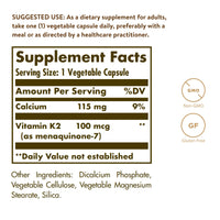 Thumbnail for Solgar Naturally Sourced Vitamin K2 (MK-7) 100 mcg - 50 Vegetable Capsules - Supports Bone Health - Whole Food Source from Natto Extract - Non-GMO, Gluten Free - 50 Total Servings